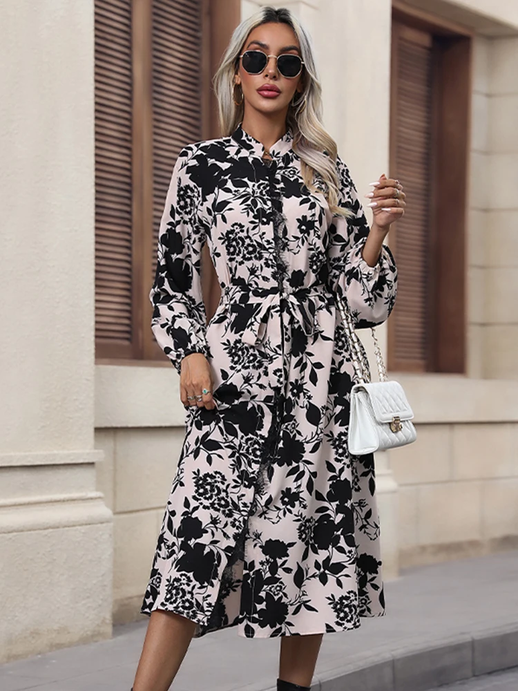 JIM & NORA Korean Long Sleeve Maxi Bodycon Fashion Woman's Dress Wholesale Floral Casual Dresses Women Lady Elegant Vintage Fall