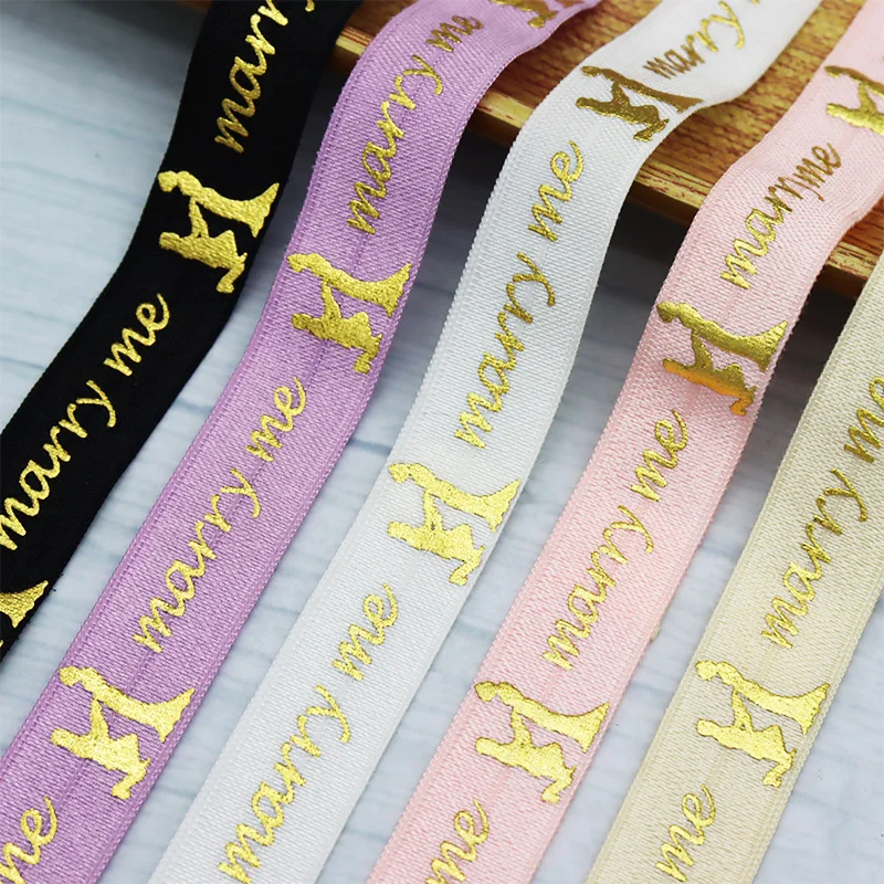 

5/8" 15mm Gold Marry Me Letter Printed Fold Over Elastic FOE Ribbon For Valentine's Day Decoration Wedding Hair Accessories