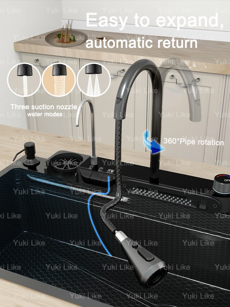 Stainless Steel Waterfall Kitchen Sink With Digital Display Embossed Washbasin Multifunctional large single slot Left Side Drain