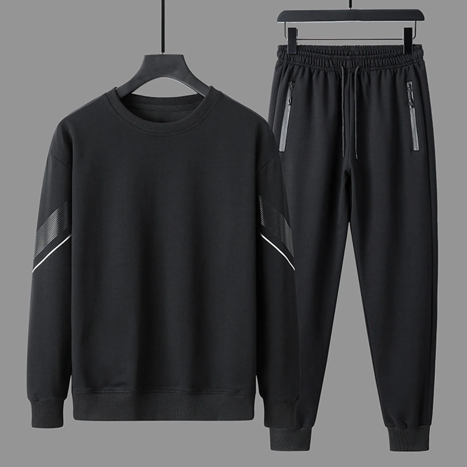 2 Piece Sports Hoodie Set Men O-Neck Long Sleeve Tops Zipper Pocket Elastic Waist Long Pants Two Piece Outdoor Workout Tracksuit