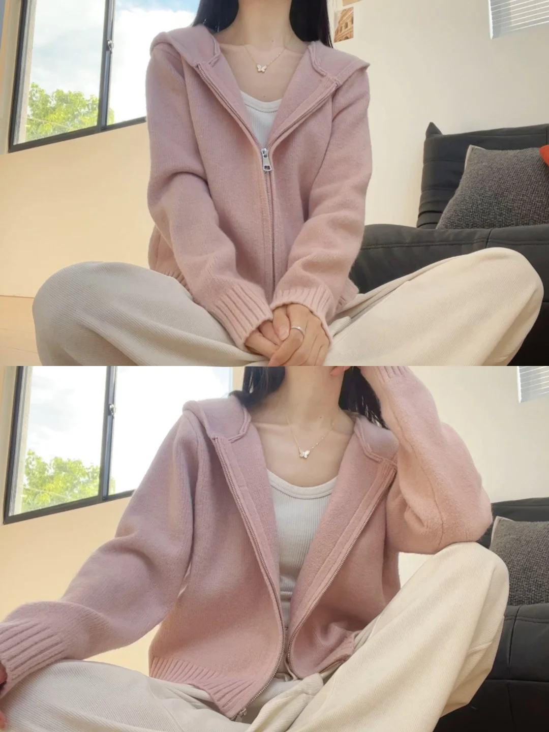 เสื้อสเวตเตอร์ถักมีฮู้ดสีชมพูสำหรับผู้หญิง ฤดูใบไม้ร่วง ฤดูหนาว ทรงหลวม นุ่ม สบาย เสื้อคลุมคาร์ดิแกนแบบมีซิป สไตล์ลำลอง