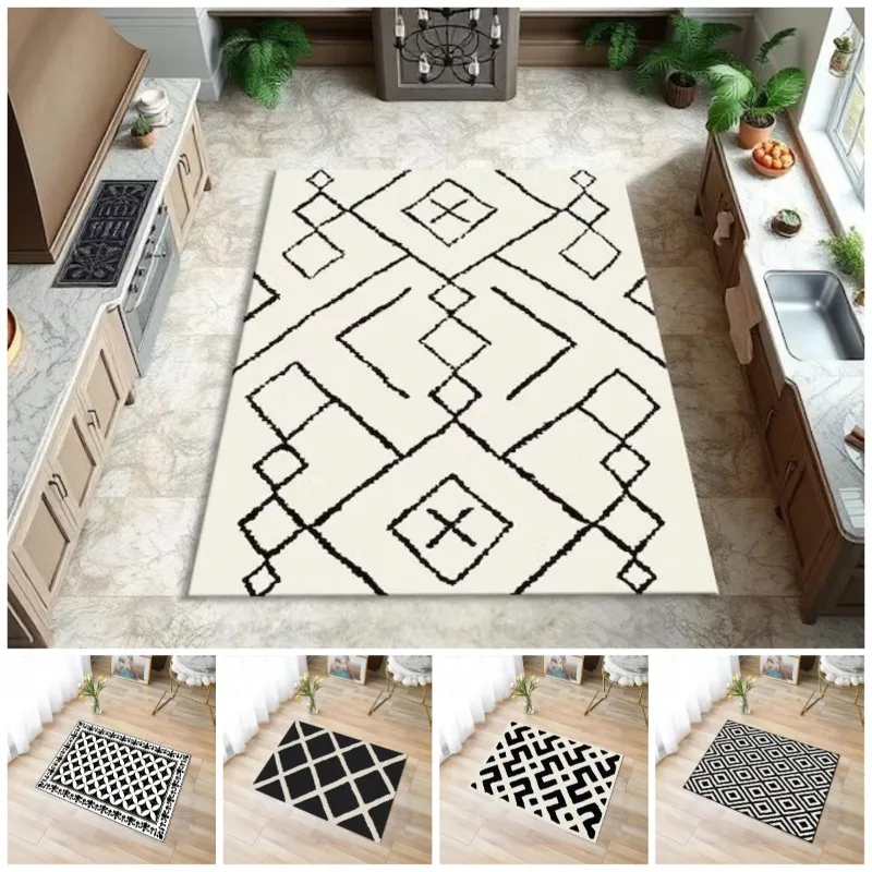 

Black and White Boho Kitchen Rugs Modern Area Rug for Living Room Kitchen Flooring Soft Floor Mat Stylish Popular Carpet Decor