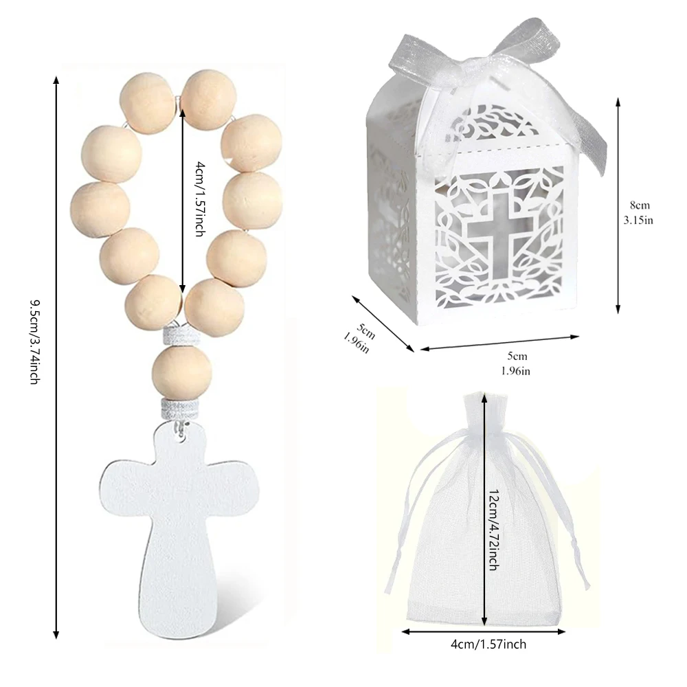 Chapelet Catholique en Bois avec Perles Croisées, Faveurs de Baptême avec Boîte de Sac Blanc pour la Confirmation de la Première Communion