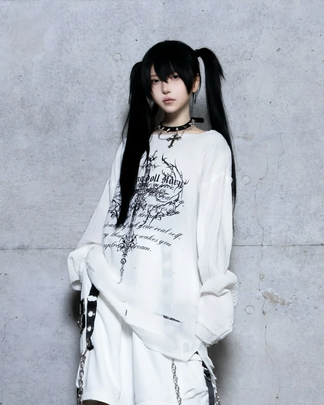 Japanese Subculture Dark Punk Cross Ripped T-shirt Girls Sweet Cool Print Loose Y2k Long-sleeved Top Spring and Autumn Mine Tops