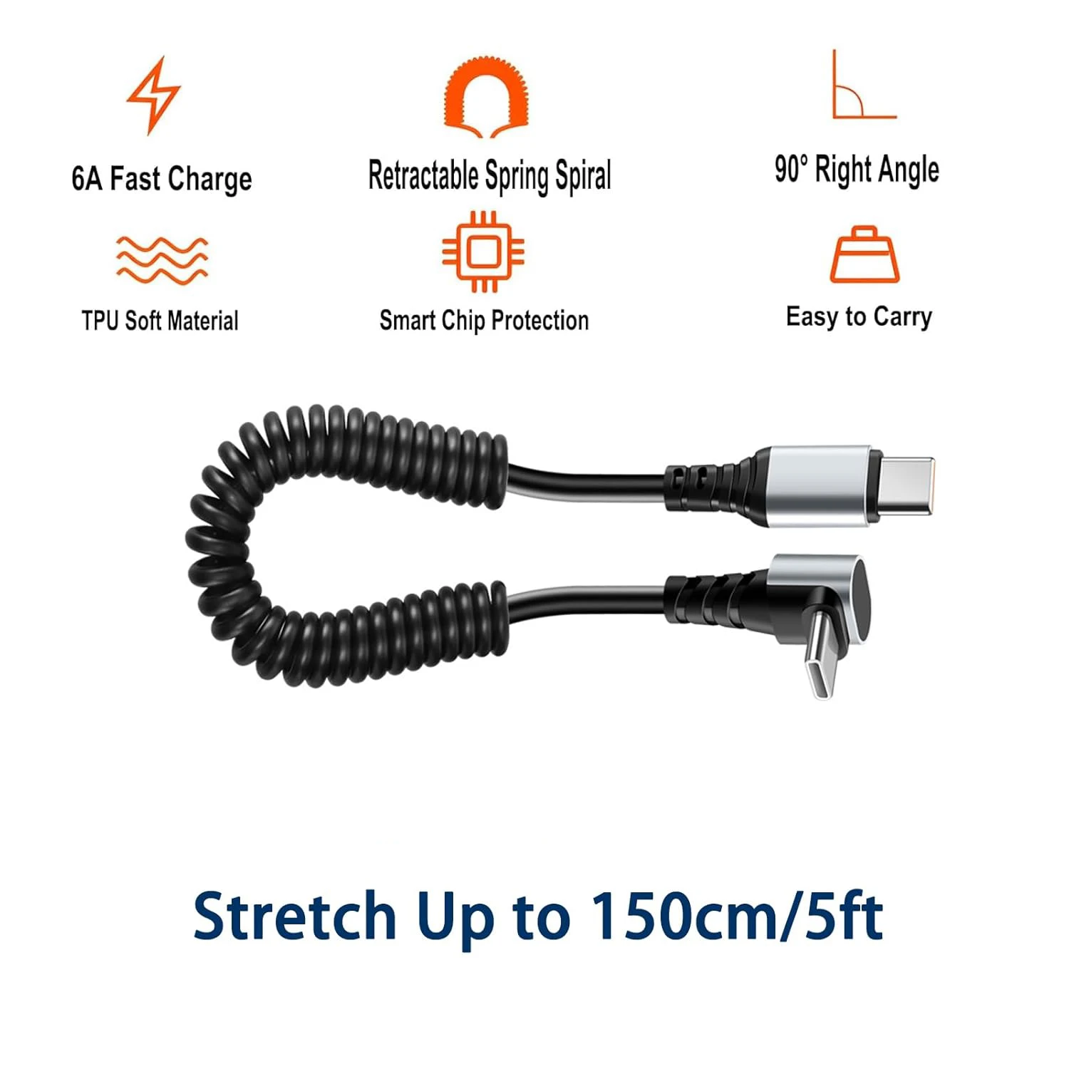 100W 6A Fast Charging Type C Spring Cable Right Angle USB-A To C Retractable Car Cord for IPhone 17 Samsung Xiaomi Laptop