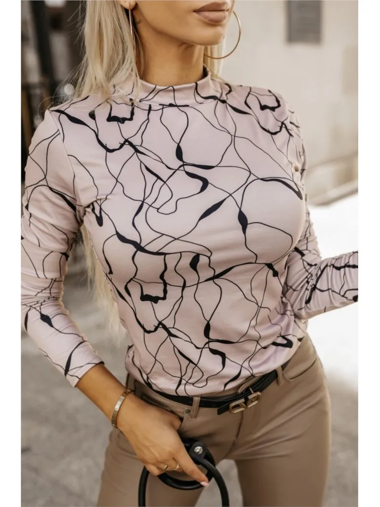 Half High Collar Slim Pullover TShirts Women Fashion Print high street 2024 Fall Winter Long Sleeve Ladies Bodycon Pullovers