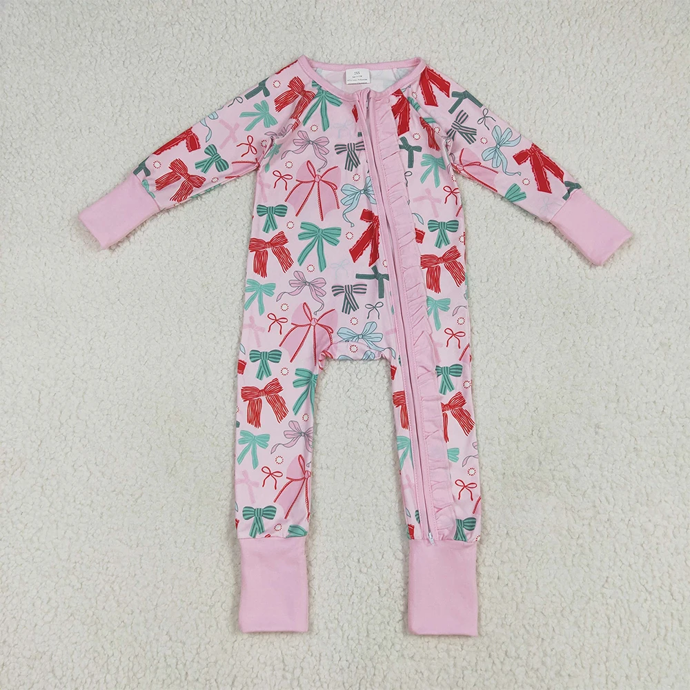 

Baby Winter Rompers Baby Girls Pink Long Sleeves Colorful Bows Zipper Rompers