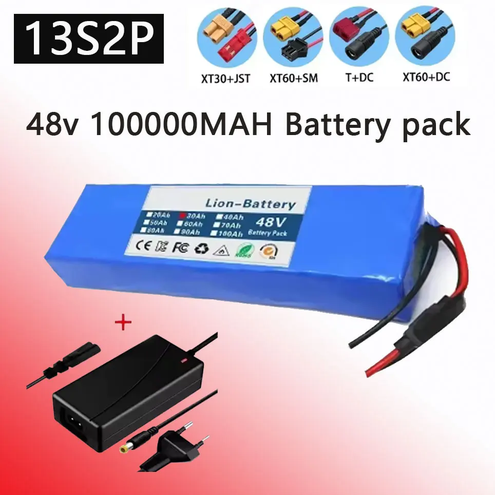 Batterie Lithium-ion 13S2P 48V 100000mAh 100Ah avec BMS 250W 350W 500W 750W 1000W et un chargeur gratuit 54.6V