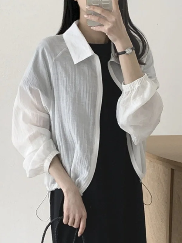 

Ladies Lightweight Breathable Summer irt Coat Sun Protection Dstring Top plus Size Pure Color Zipper ort Length