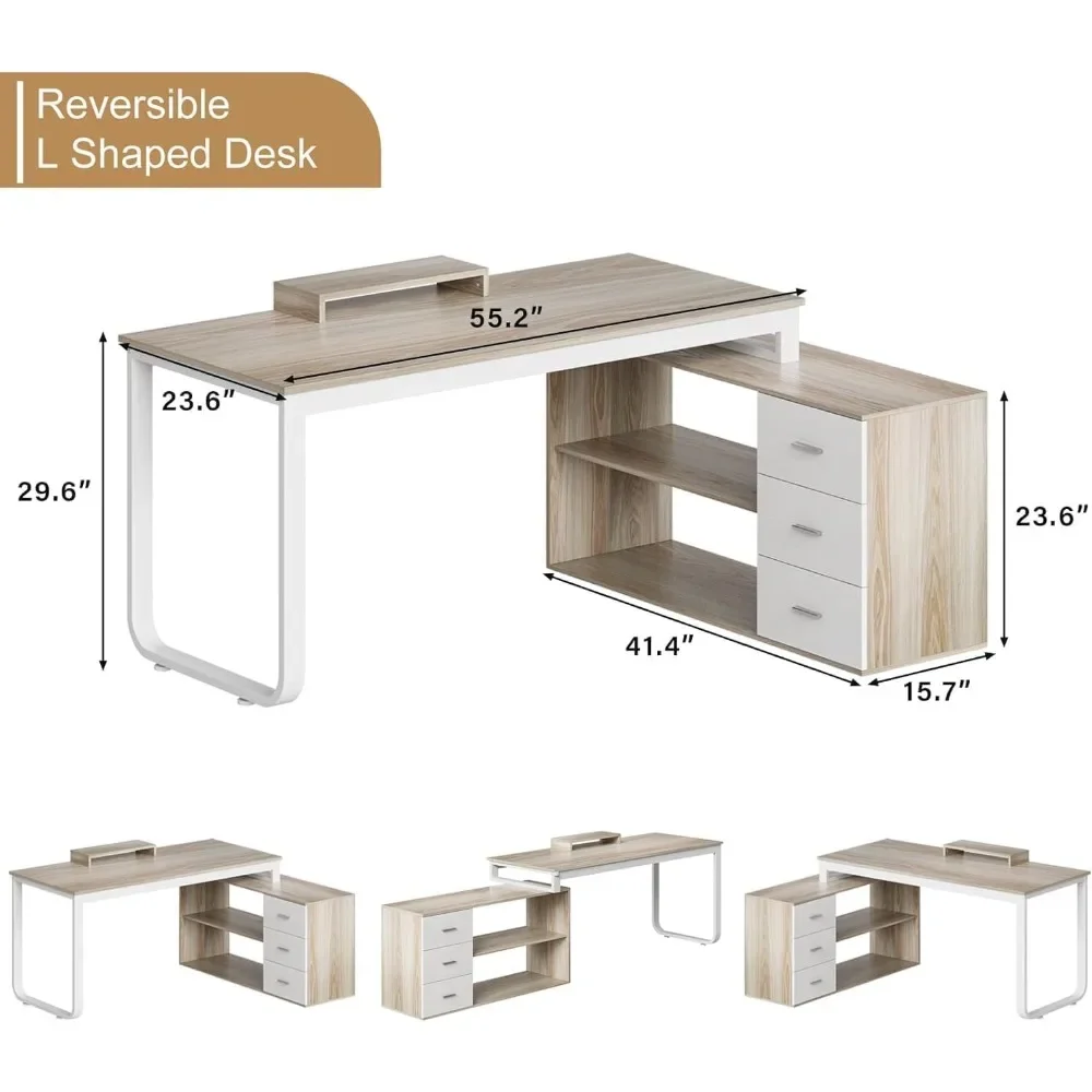 55 Inch Reversible L Shaped Computer Desk with 3 Drawers, Corner Desk with Storage Shelves and Removable Monitor Stand