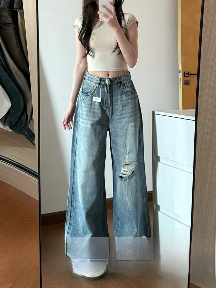 

High Waist Wide Leg Jeans Women's Ripped Denim Pants Vintage Style Summer New plus Size Floor Length Trousers