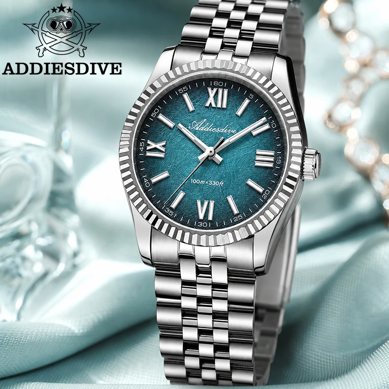 ADDIESDIVE Sapphire Crystal Woman's Watch 36mm VH31 Quartz BGW9 Super Luminous 100m Waterproof Business Women Steel Wristwatch