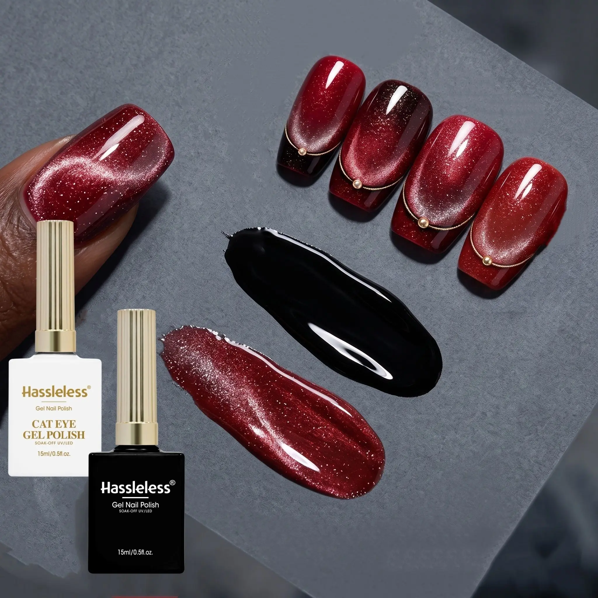 Hassleless 2-Piece Set of Black and Red Contrasting Cat Eye Nail Polish, Pure Black Base Color with Burgundy Cat Eye, Magnetic Suction for a Translucent Effect, Can Be Used for Gradient Styles, DIY at Home, Creating a Cool and Luxurious Autumn/Winter Mature Style Nail Art.