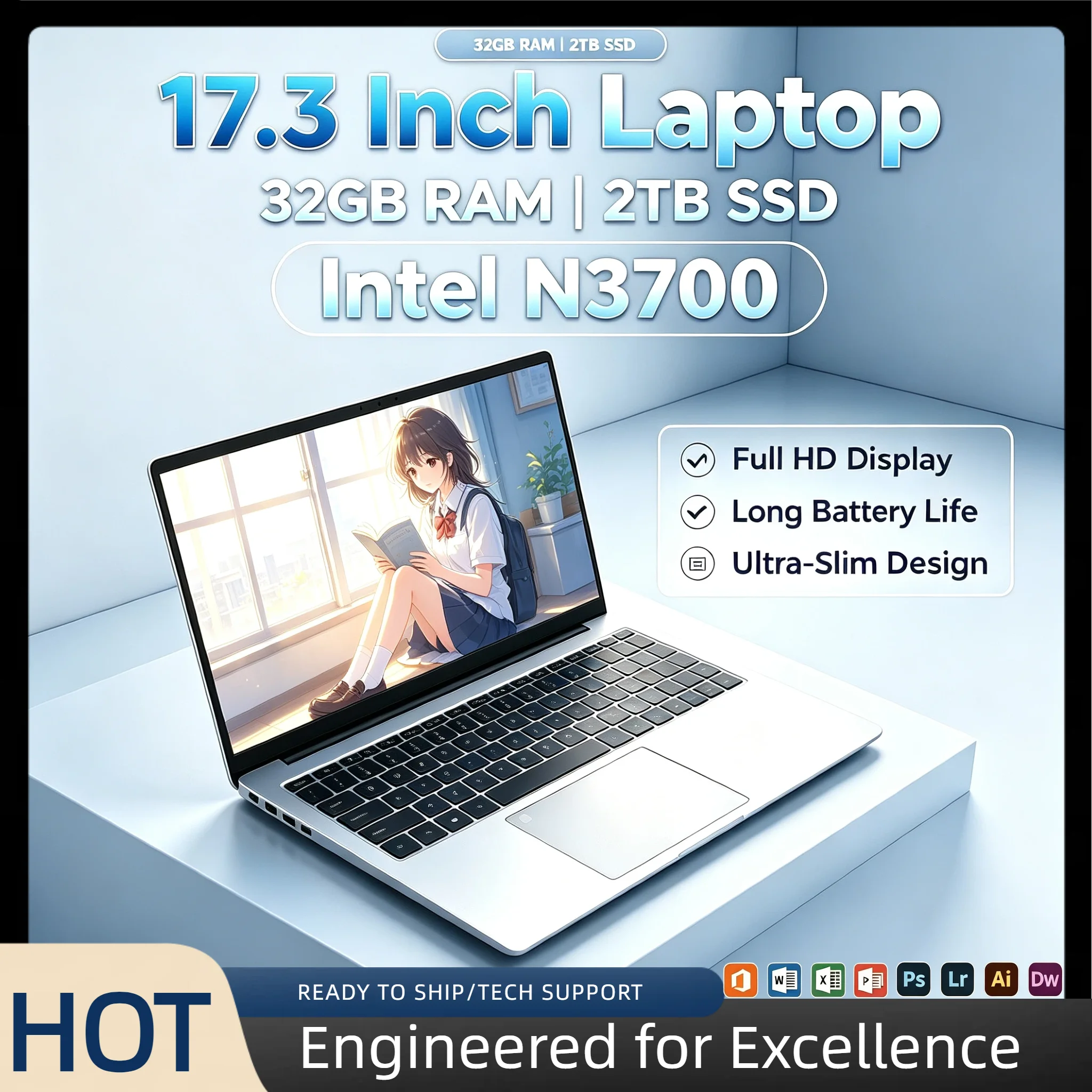 Intel N3700 17.3 Inch Full Size Laptop 32GB RAM 2TB SSD Fingerprint Unlock High Performance Work Gaming Notebook Plus
