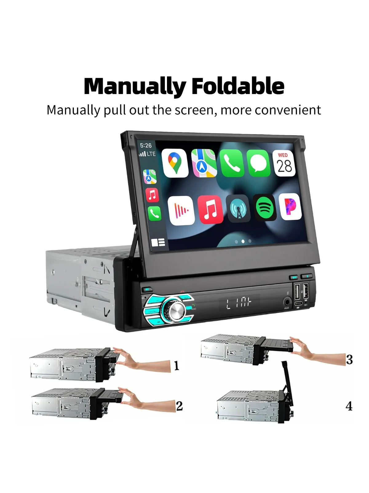 MOPECT 7" Single 1DIN Uitklapbaar Android 15 4+64G Autostereo Radio Touchscreen USB WiFi Carplay GPS Navigatie Head Unit MIC BT+DAB&AHD - afbeelding 2