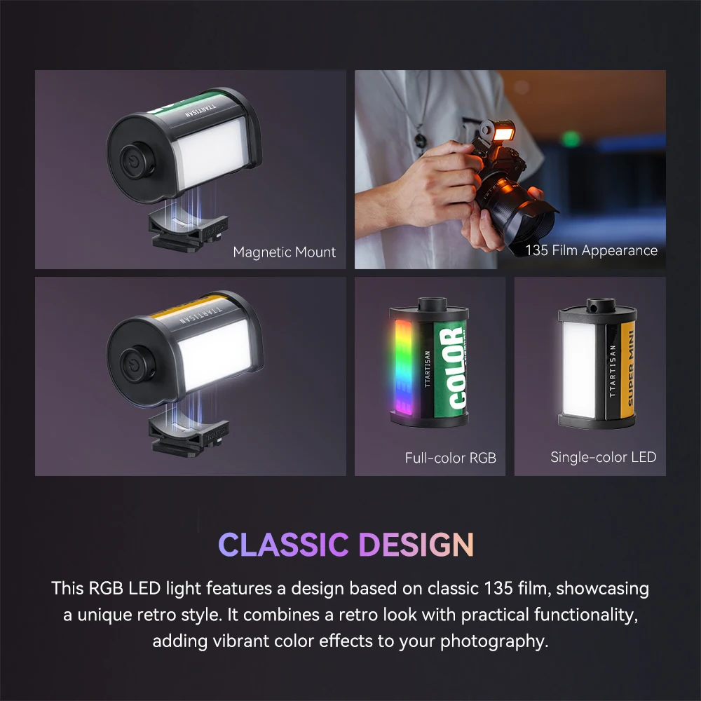 TTARTISAN RGB BI Fill Light Video Light Magnetic Mount Reteo Film Style Mini LED Light 0.5W 3000/4500/6000K CRI 95+ 300mAh TT