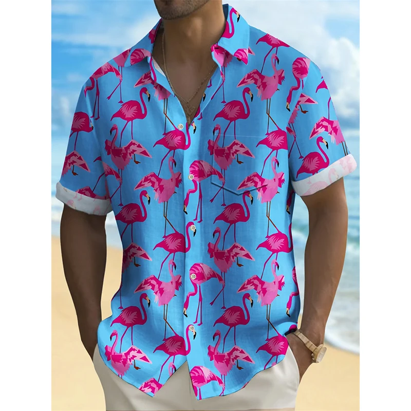Men Summer Leisure Funny 3D Print Shirts Lapel Button Short Sleeve Street Y2k Hawaiian Shirts Cute Flamingo Cat Duck Graphic Top
