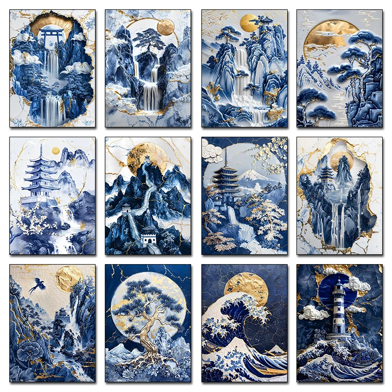 Retro Abstract Blue and White Porcelain Landscape Mountains and Rivers Canvas Printing Home Wall Decoration Frameless Painting