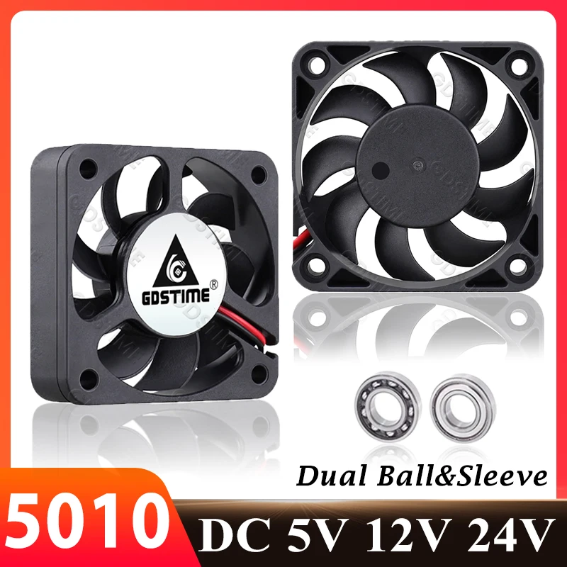 GDSTIME 5010 Fan 50MM DC 5V 12V 24V 3D Printer Cooler Dual Ball/Sleeve Mini Cooling Fan USB Axial Fan 50x50x10mm PC Case Fan