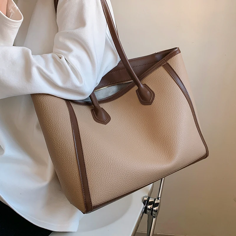 

Women Tote Bags Textured Pu Leather Zipper Handbags Large Capacity Commute Shoulder Sac A Main Femme