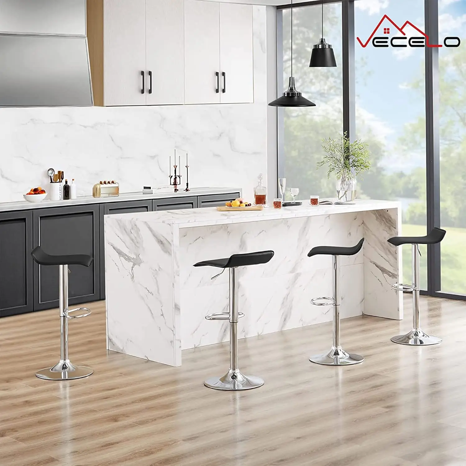 Ajustável giratória Bar Stools Set para Kitchen Island e Bar, sem encosto e moderno, Counter Height, preto, sem braços, 4