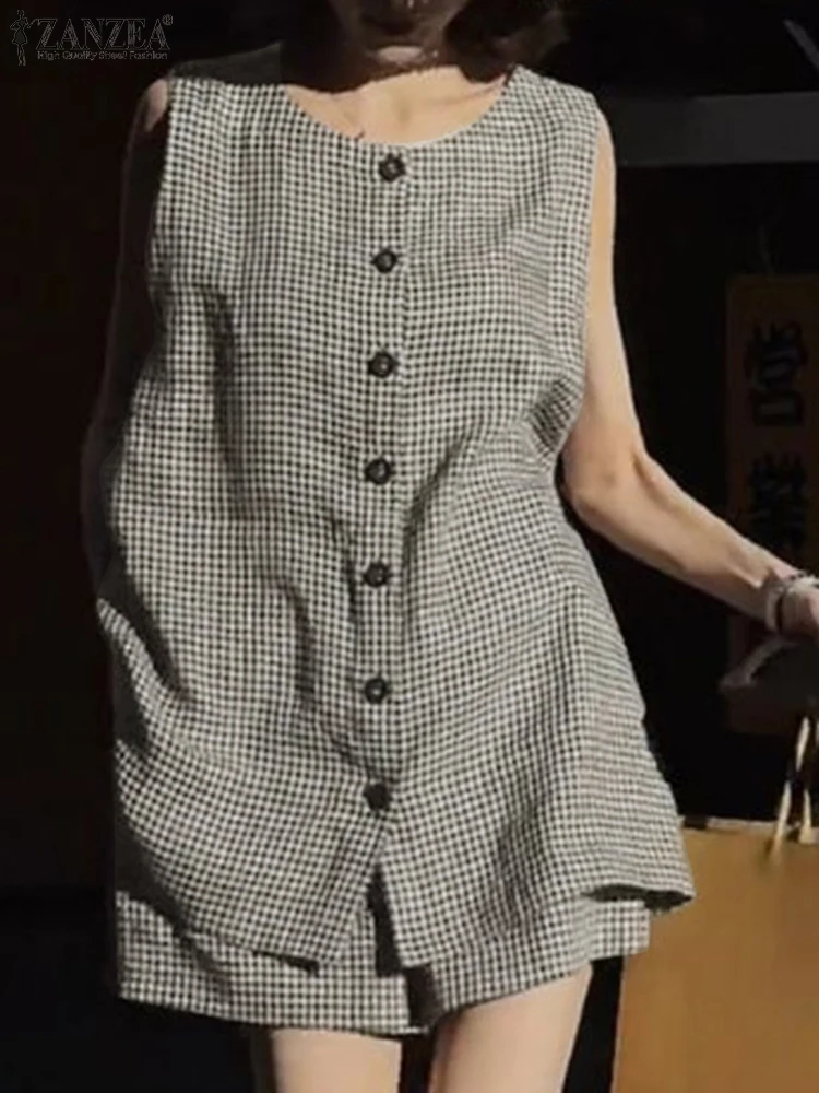 ZANZEA إمرأة عادية القماش القطني 2 قطعة مجموعات س الرقبة بلوزات بلا اكمام مرونة الخصر السراويل 2 قطعة وتتسابق خمر ملابس يوم مجموعات قصيرة