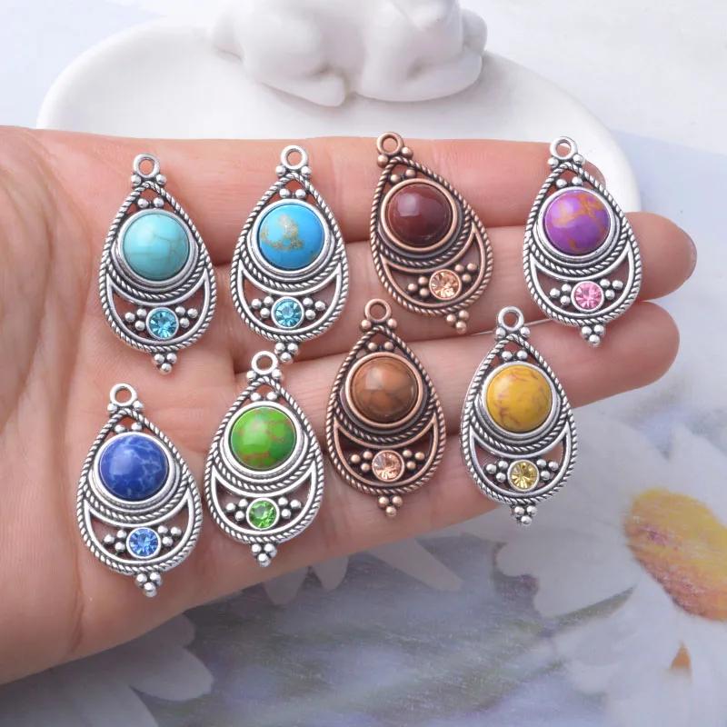 10 Stück Böhmischer Stil Antik Silberfarbene Stein- und Acryl-Anhänger Zinkmetall-Ohrringe Anhänger Zubehör DIY Damenschmuck – Detail 16