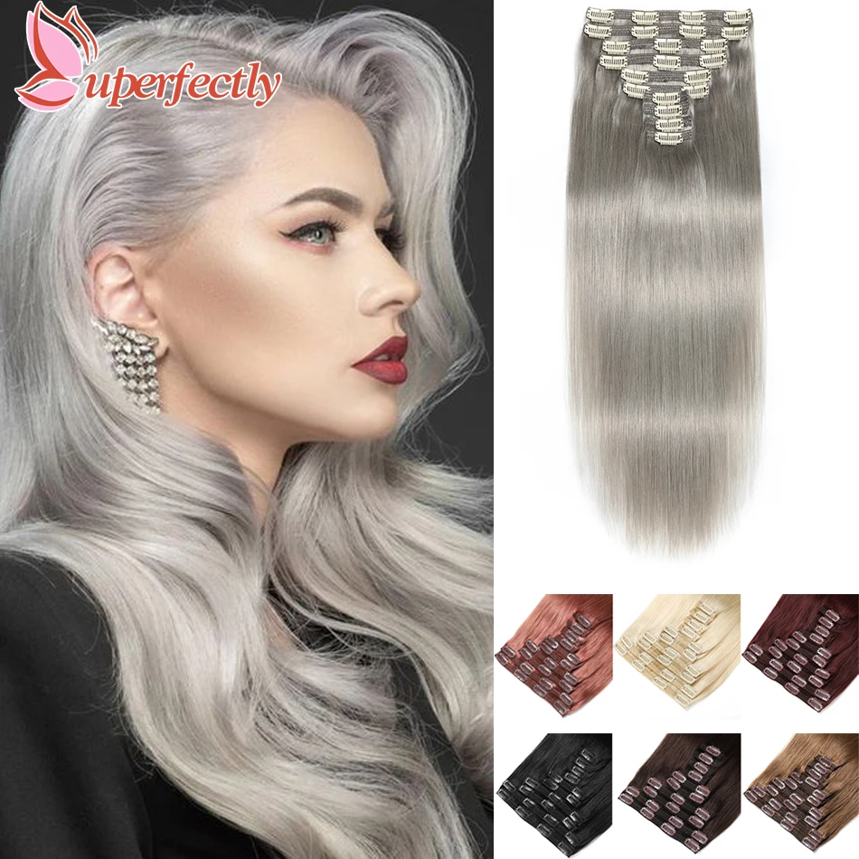 Uperfecty-Extensions de cheveux à clipser, vrais cheveux humains gris, double trame, droites, 10 pièces