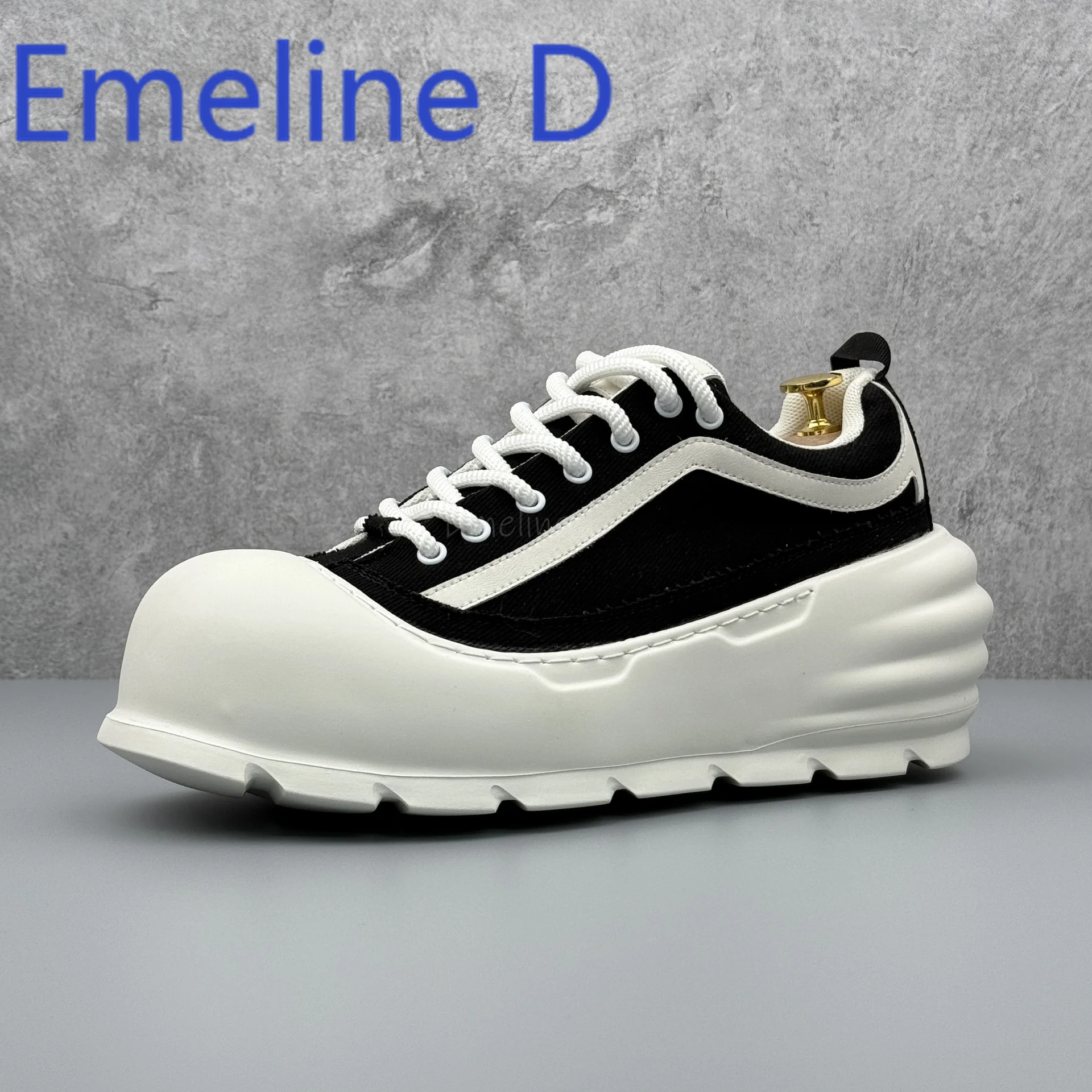 

Lace Up Color Blocked Big Toe Shoes for Men New Summer Breathable Thick Soled Canvas Niche Denim Toe Caps Trendy Flat Shoes