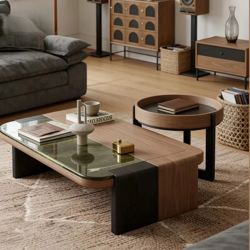 Mesa de Centro Grande con Tapa de Mármol Verde, Panel Lateral con Diseño de Madera, Base de MDF, Mueble Moderno y Resistente para Sala de Estar