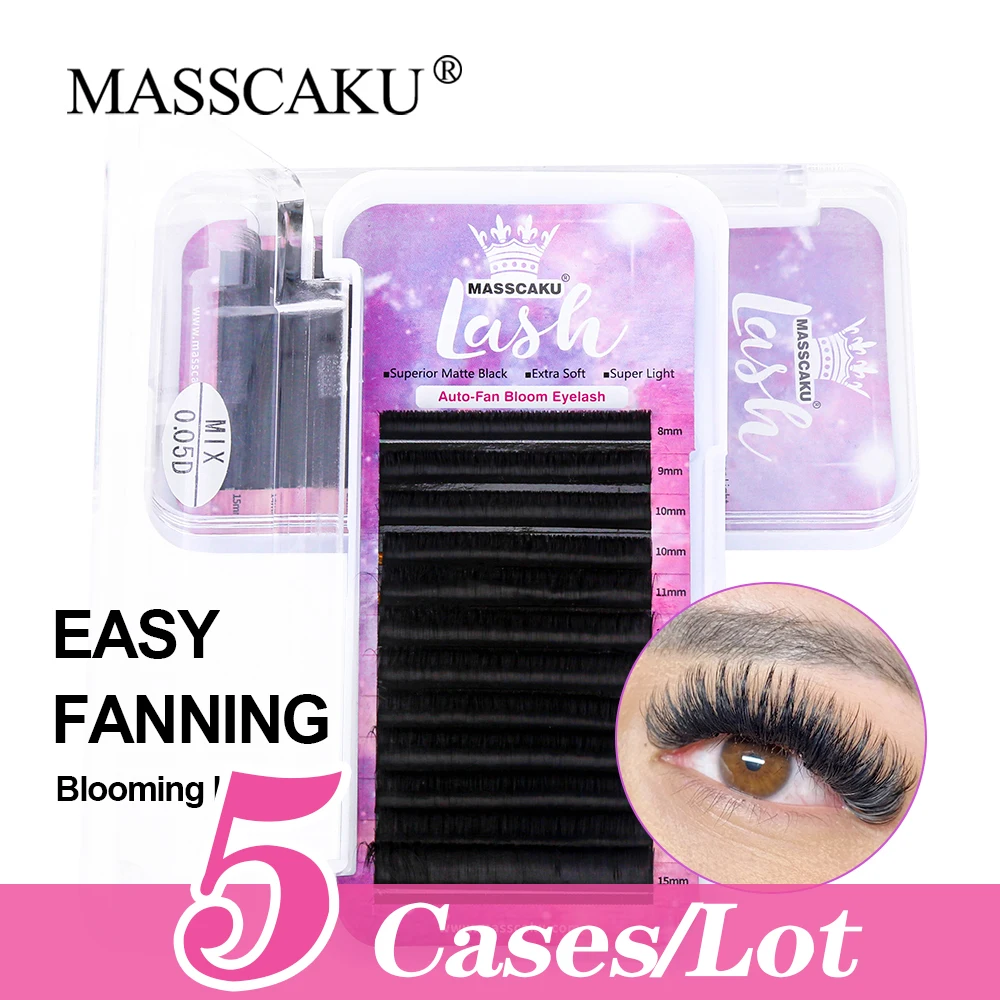 

MASSCAKU 5cases/lot Best selling C/CC/D/DD Curl Korean PBT Fiber Easy Fanning Mega Volume Lashes 1 Second Blooming Eyelashes