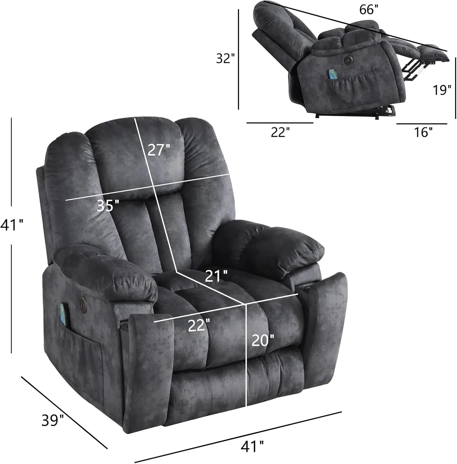 Sillón reclinable grande Power Lift con masaje, calor y USB para personas mayores, sillones reclinables anchos rellenos, resistentes y de seguridad