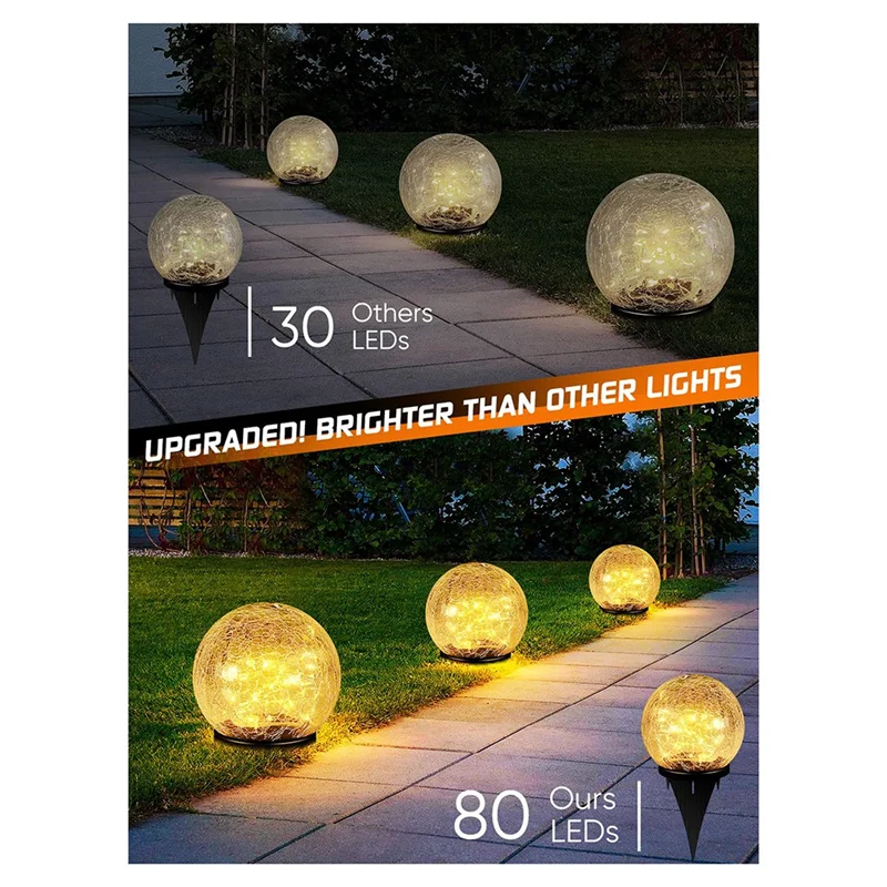 4 PCS Garden Solar Ball Lights LED Cracked Glass Globe Solar Power Ground Lights As Shown For Path Yard Patio Lawn