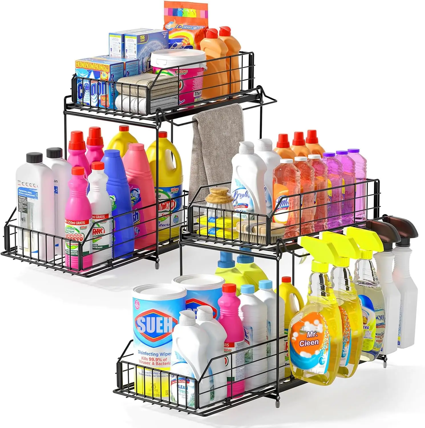 

2-Tier Under Sink Organizer with Hanging Rail, Metal Storage for Kitchen Bathroom Cabinet, 2 Pack