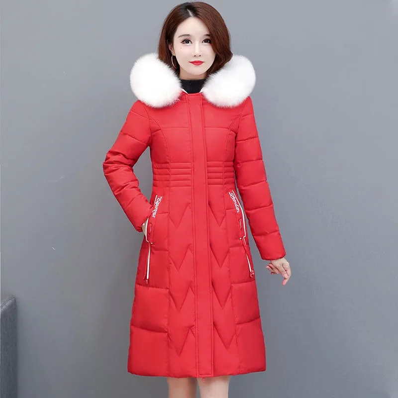 2023 New Women Down Cotton Coat Winter Jacket Mid Length Version Parkas Thick Warm Versatile Outwear Hooded Fur Collar Overcoat