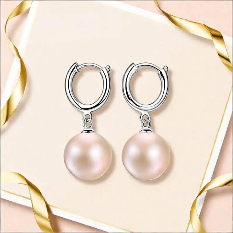 Elegant 925 Sterling Silver Round Shape Freshwater Pearl Drop Earrings for Women Girls Anniversary Party Jewelry Gift Accessory