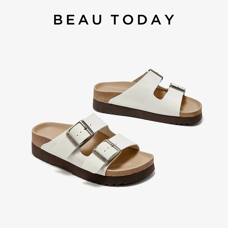 BEAUTODAY Leisure Sandals Women Genuine Leather Metal Buckle Double Straps Slippers Summer Beach Ladies Shoes Handmade 34064