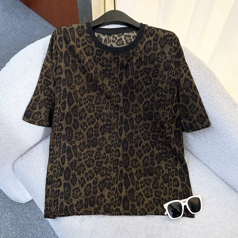 2025 Summer New Fashion Leopard Print Diamond Drills Short-sleeved T-shirt Set Loose Casual Top And Shorts Two-pieces Suit Women