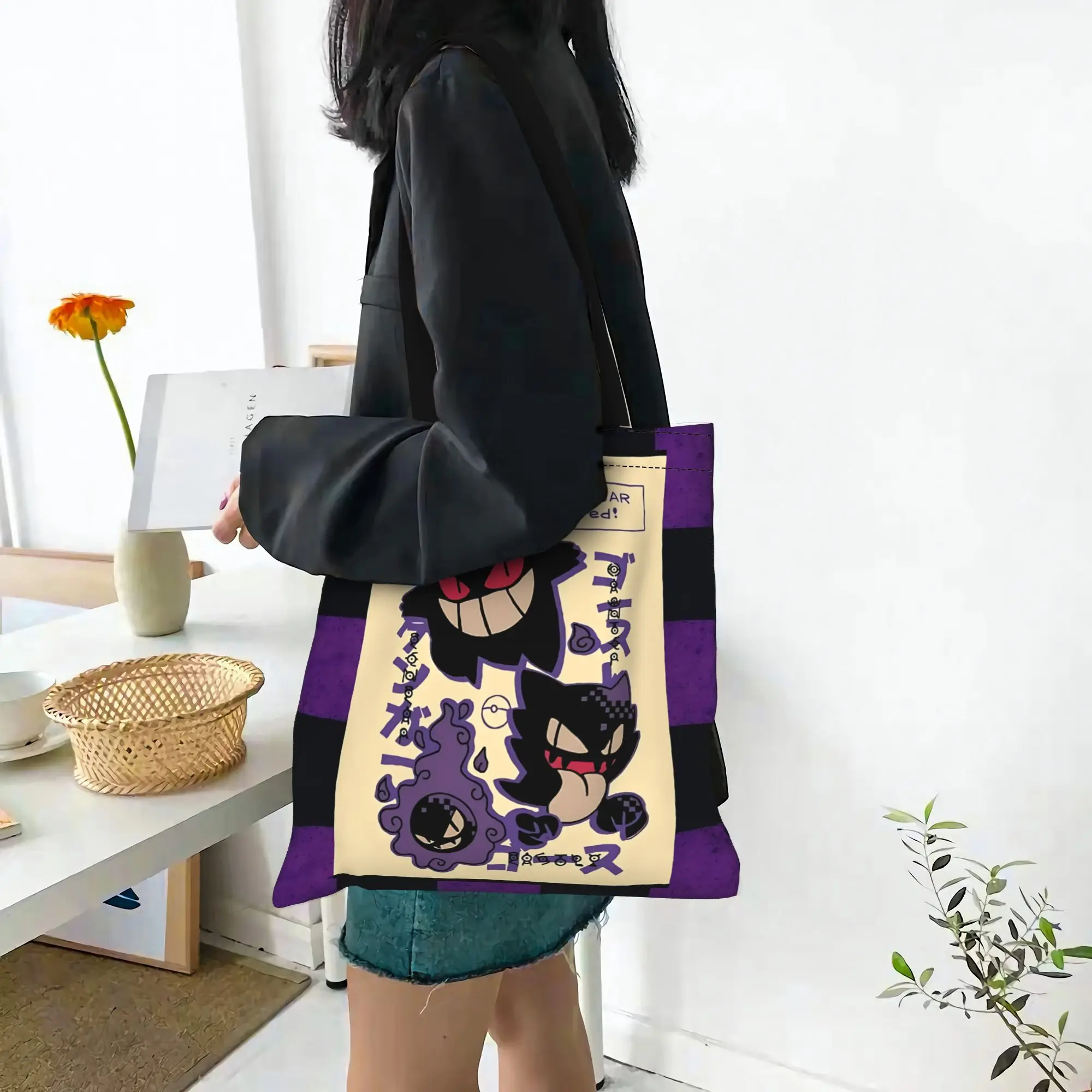 Customized Pokemon Halloween Gengar Women's Bag Shopping Bag Reusable Double Sided Canvas Tote Bag Shoulder  Handbag