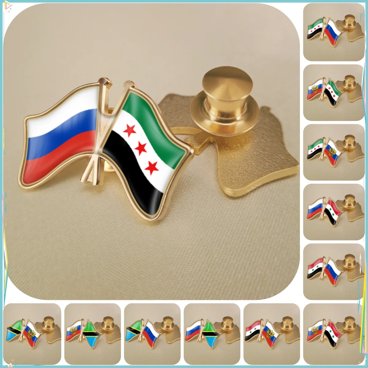 Russian Federation and Syrian Arab Republic Tanzania Double Crossed Friendship Flags Brooches Lapel Pins Badges