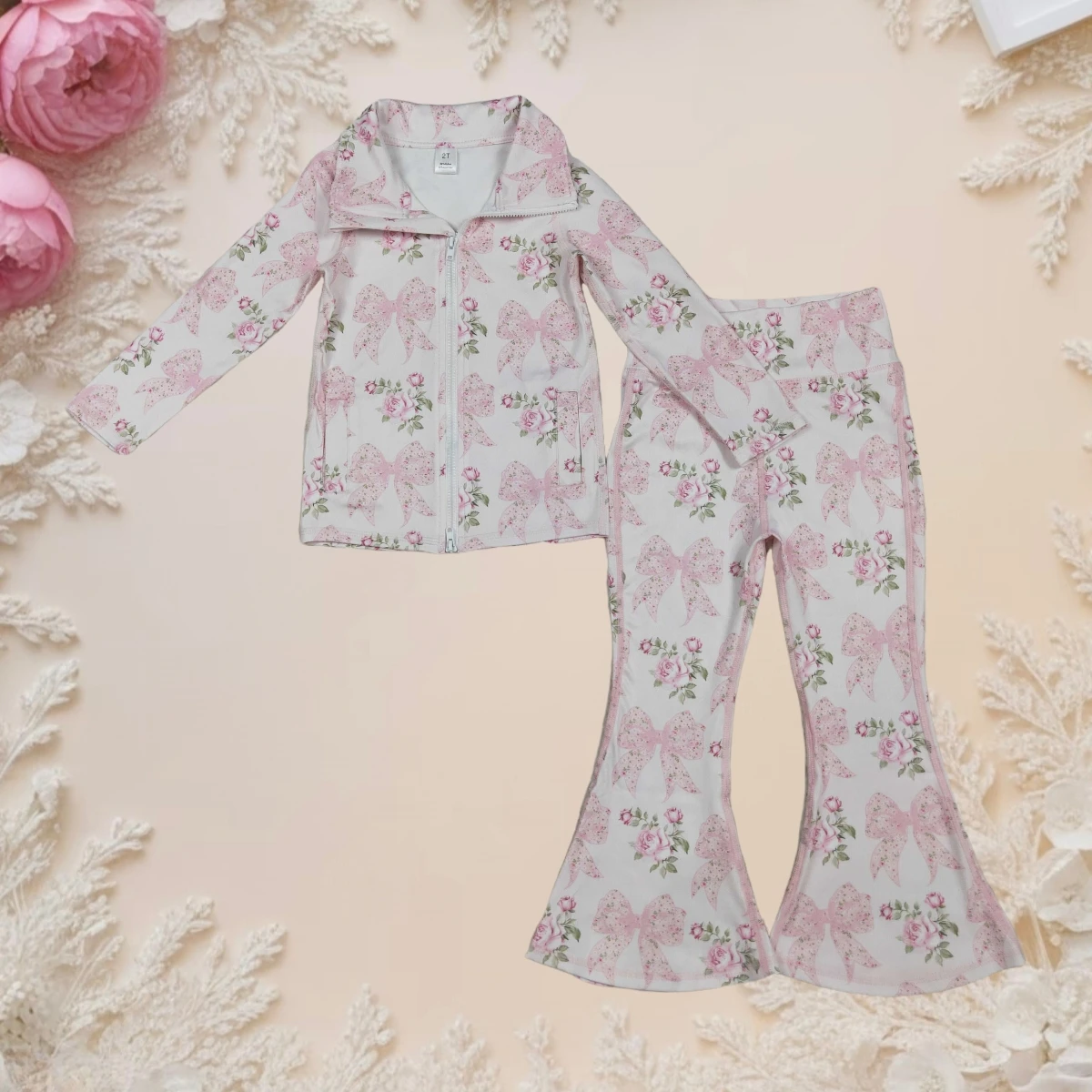 

Baby Girl Long Sleeve Yoga Sets Kids Clothes Toddler Pink Floral Bow Pocket Zipper Tops Bell Bottom Pants Suit Children Clothing