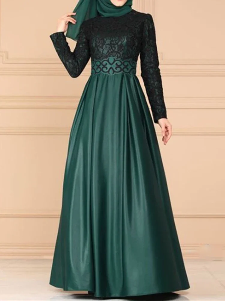 Islamitische islamitische islamitische damesjurken Traditionele bloemenpatroon Lange mouw Ronde hals Maxi Party Arabische jurk