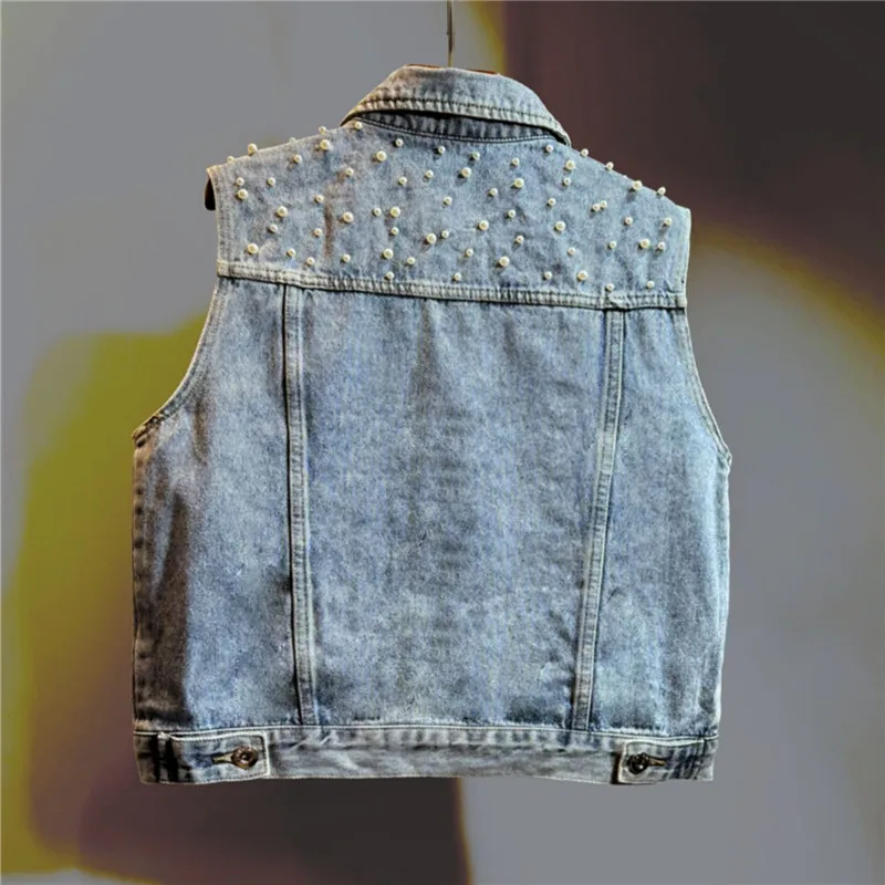 Spring New Women Fashion Pearl Beading Vintage Dark Blue Light Blue Short Denim Vest Lapel Sleeveless Cowboy Waistcoat Female