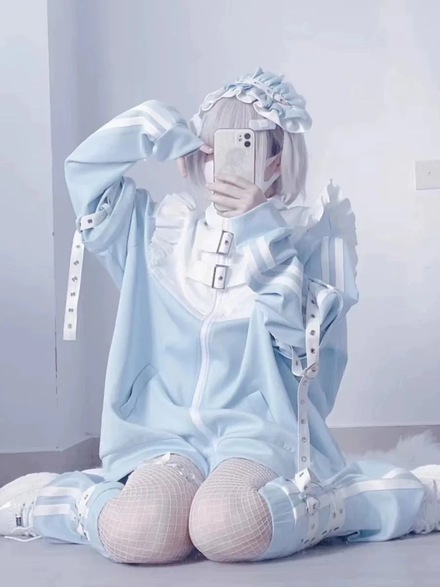 Y2K Subculture Japanese Anime Cute Sweatshirt Set Pastel Blue Sweet Kawaii 3Piece Outfit Loose Hoodie Jacket Shorts Leg Warmers