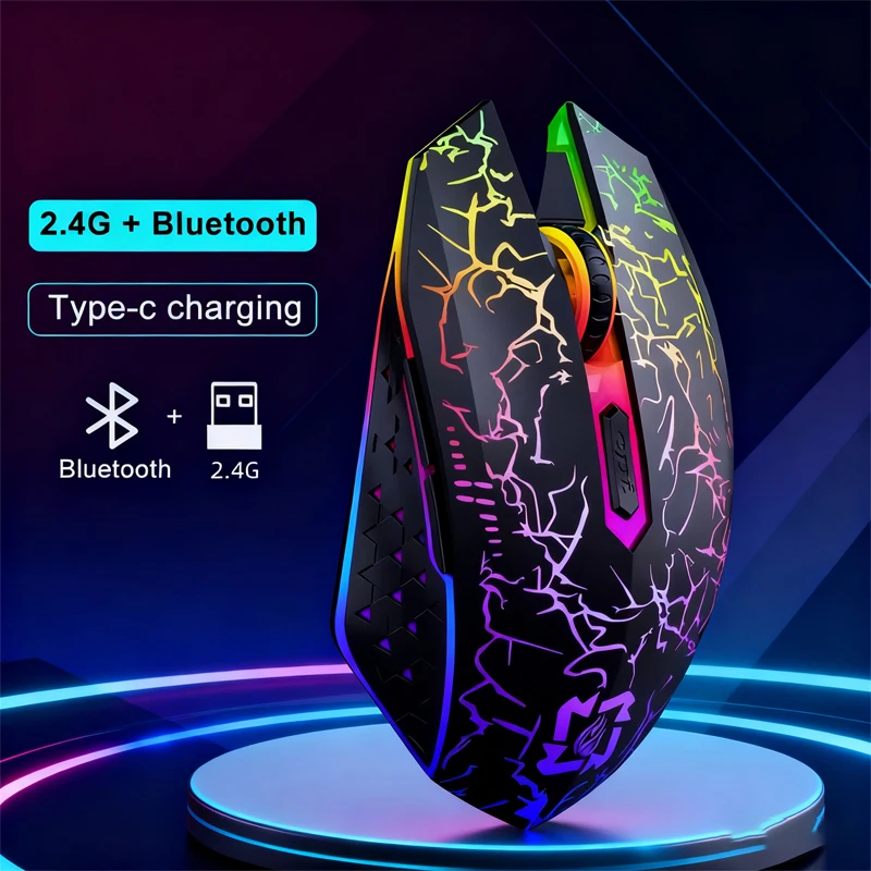 

Двухрежимная беспроводная игровая мышь 2,4G + подключение Bluetooth Type-C, быстрая зарядка, красочная треснутая подсветка.