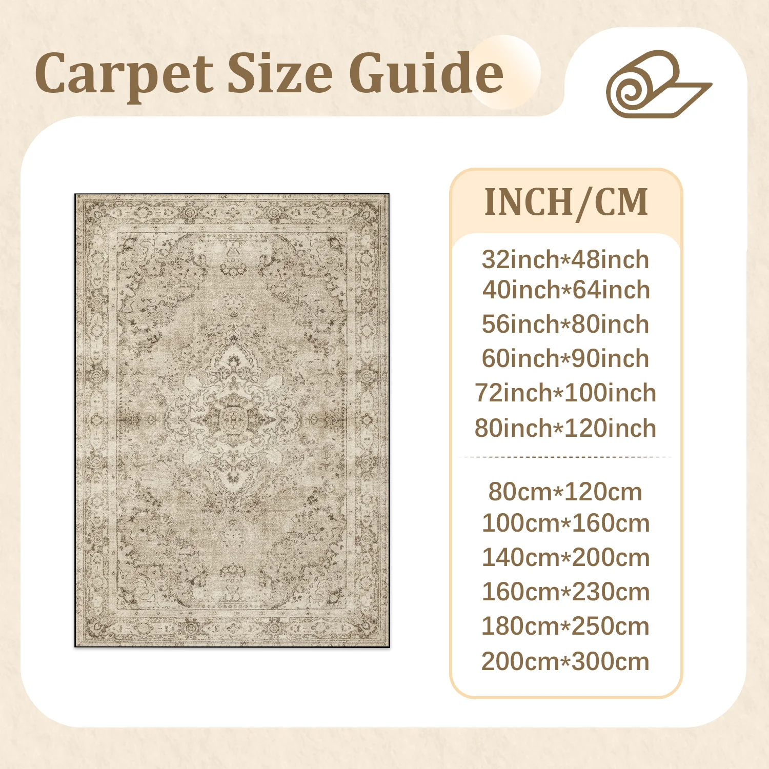 Large Indoor Area Rug, Soft Low Pile Velvet with Non-Slip Dotted Backing, Machine Washable Vintage Distressed Traditional Medallion Rug for Living Room, Bedroom Neutral Beige Floor Rug for Home Decor