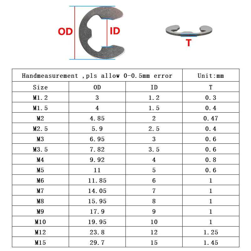 304 Stainless Steel/Carbon Steel E Clip Washers Circlip Retaining Ring Washer Shaft Gasket M1.5 M2 M3 M4 M5 M6 M8 M10 M12 M15