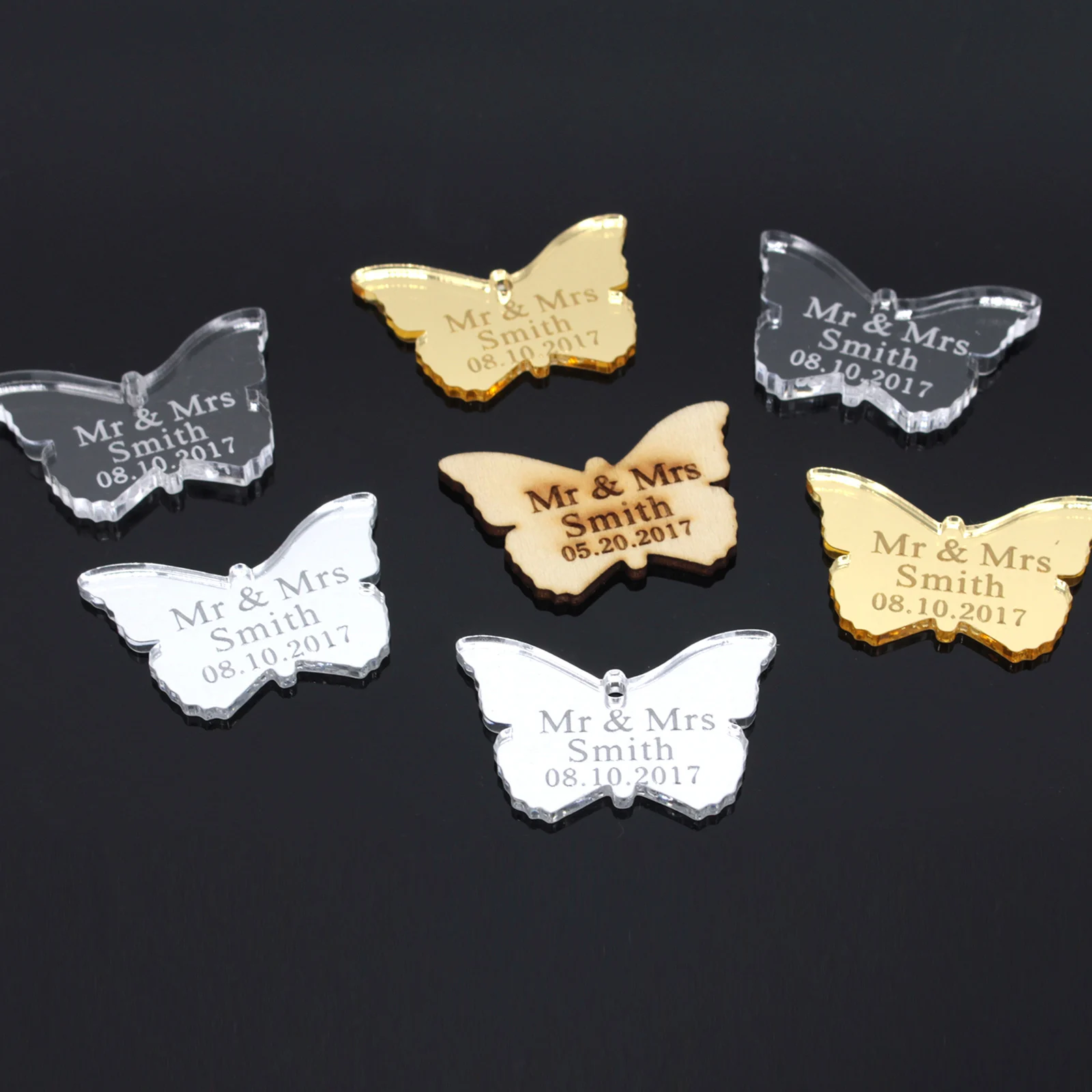 30/50/100pcs Personalized Acrylic Butterfly Custom Wedding Name Baby Baptism Mirror Silver Gold Engraved Tag Decoration Gift