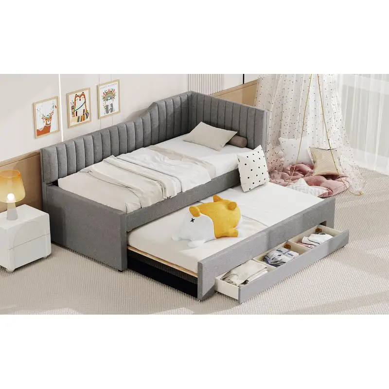 سرير نهاري منجد باللون الرمادي مع دولاب و3 أدراج - حل أثاث غرفة نوم أنيق وعملي #5