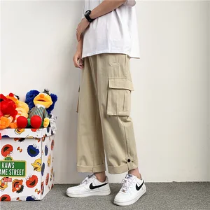 2024 Men Spring Autumn Retro Drawstring Loose Trousers Men's Multi-pocket Straight Pant Male Casual Solid Color Cargo Pants I702